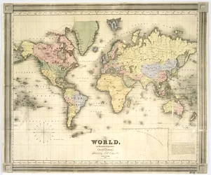 Världen i Mercators projektion, 1840 (handkolorerat tryck)